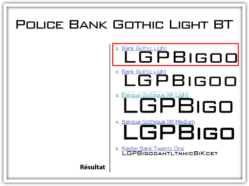 Résultat test Police Bank Gothic Light BT